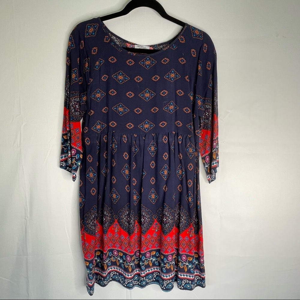 MEASEOR Boho Navy Blue Midi Dress Tunic 3/4 Sleeve Size Medium